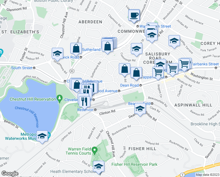 map of restaurants, bars, coffee shops, grocery stores, and more near 6 Reservoir Court in Brookline
