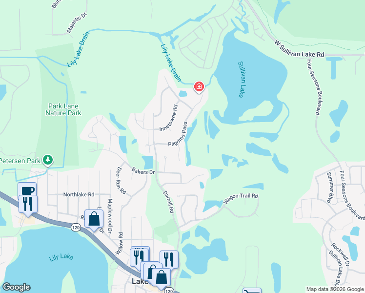 map of restaurants, bars, coffee shops, grocery stores, and more near 32595 Pilgrims Court in Lakemoor