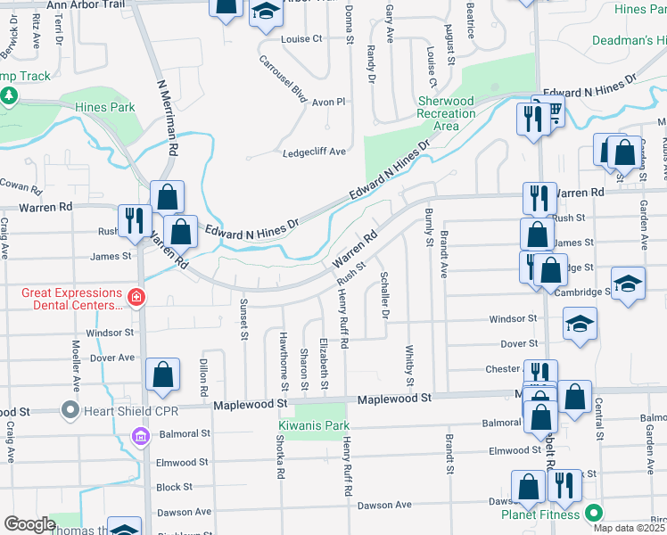 map of restaurants, bars, coffee shops, grocery stores, and more near in Westland