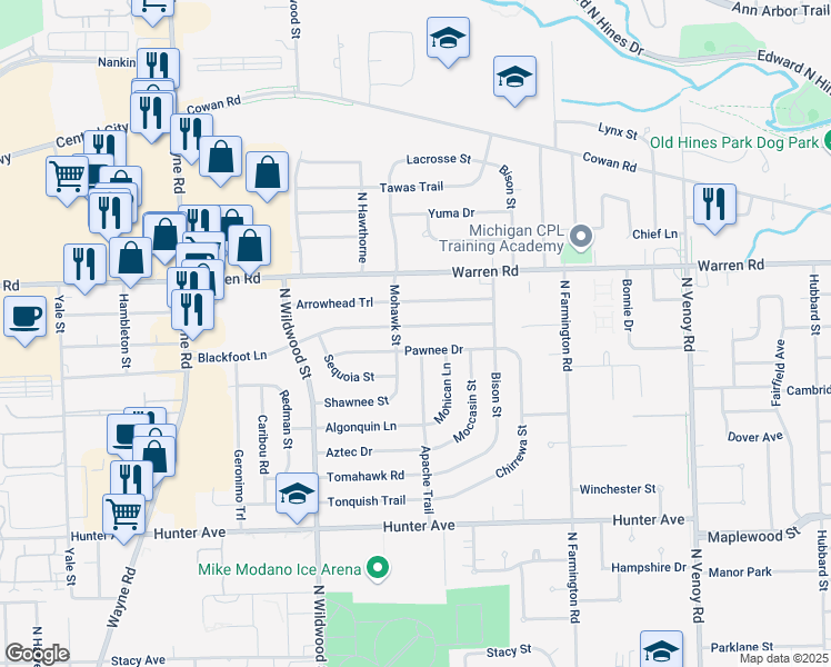 map of restaurants, bars, coffee shops, grocery stores, and more near 33827 Blackfoot St in Westland