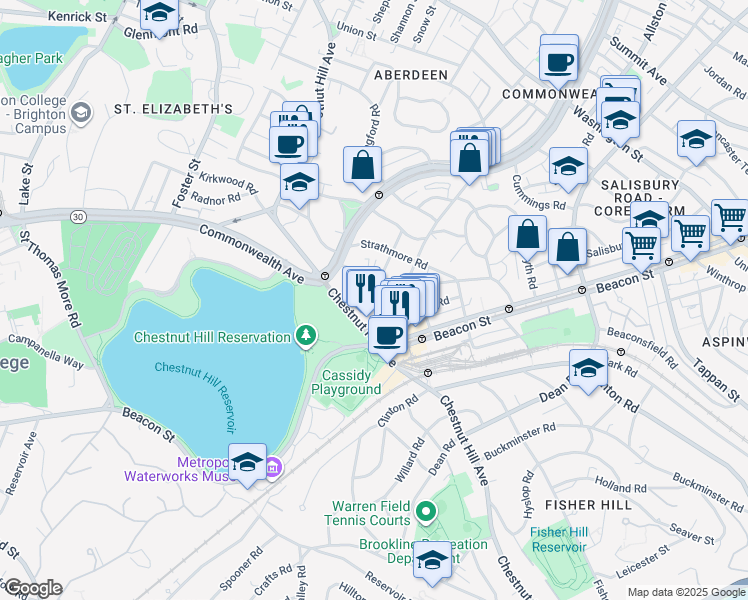 map of restaurants, bars, coffee shops, grocery stores, and more near 4 Chiswick Road in Boston
