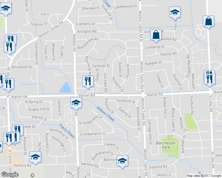 map of restaurants, bars, coffee shops, grocery stores, and more near 7315 Hillsboro Court in Canton