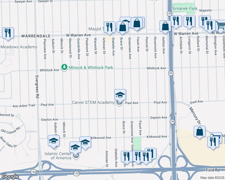 map of restaurants, bars, coffee shops, grocery stores, and more near 6403 Stahelin Avenue in Detroit