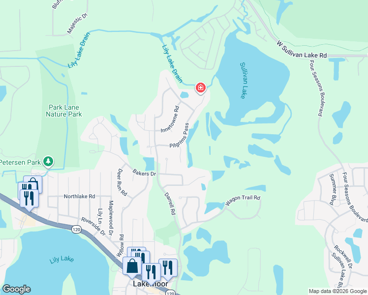 map of restaurants, bars, coffee shops, grocery stores, and more near 32595 Pilgrims Court in Lakemoor