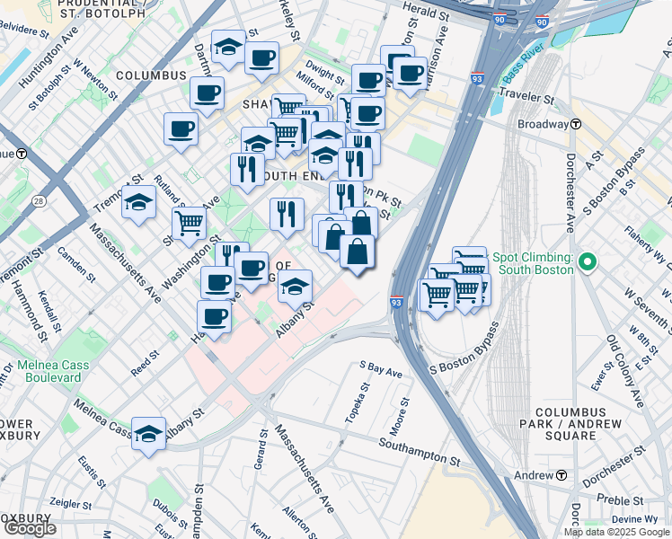 map of restaurants, bars, coffee shops, grocery stores, and more near 595 Albany Street in Boston