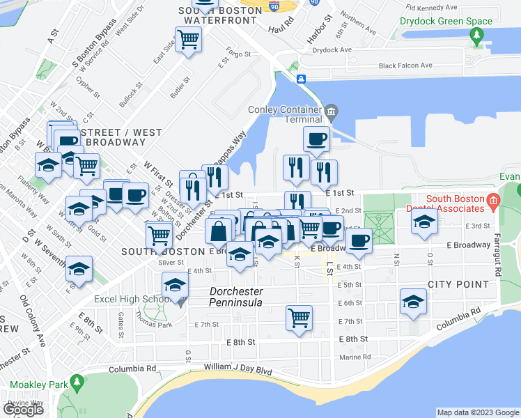 map of restaurants, bars, coffee shops, grocery stores, and more near 588 East 2nd Street in Boston