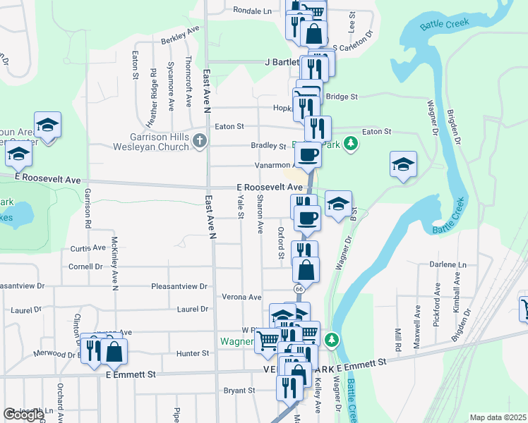 map of restaurants, bars, coffee shops, grocery stores, and more near 149 Sharon Avenue in Battle Creek