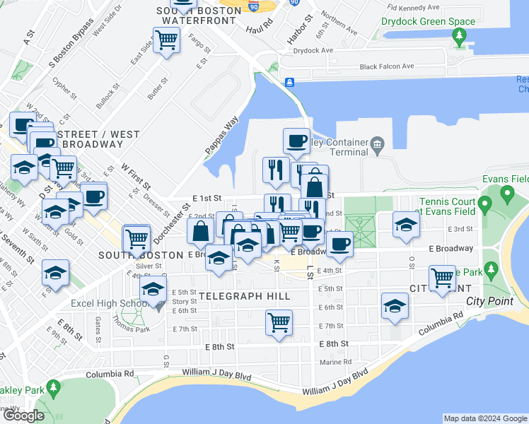 map of restaurants, bars, coffee shops, grocery stores, and more near 628 East 2nd Street in Boston