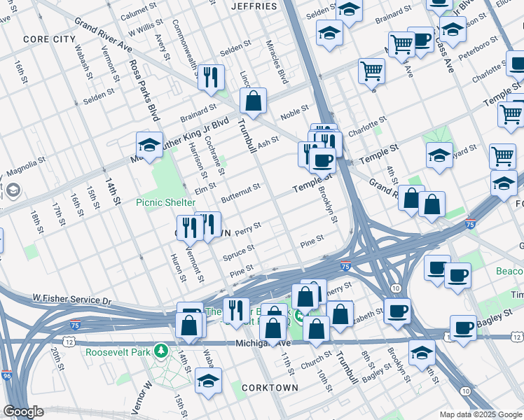 map of restaurants, bars, coffee shops, grocery stores, and more near 1545 Temple Street in Detroit