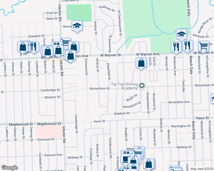 map of restaurants, bars, coffee shops, grocery stores, and more near 6821 Plainfield Street in Dearborn Heights