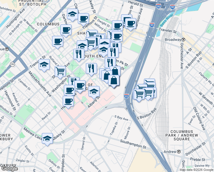 map of restaurants, bars, coffee shops, grocery stores, and more near 122 East Canton Street in Boston