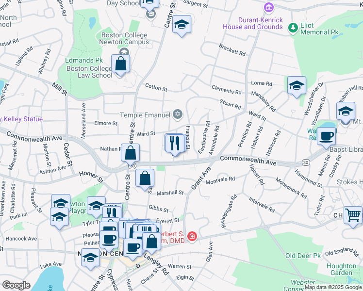 map of restaurants, bars, coffee shops, grocery stores, and more near 12 Garner Street in Newton