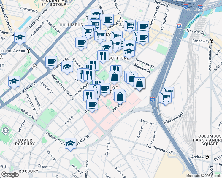 map of restaurants, bars, coffee shops, grocery stores, and more near 732 Harrison Avenue in Boston