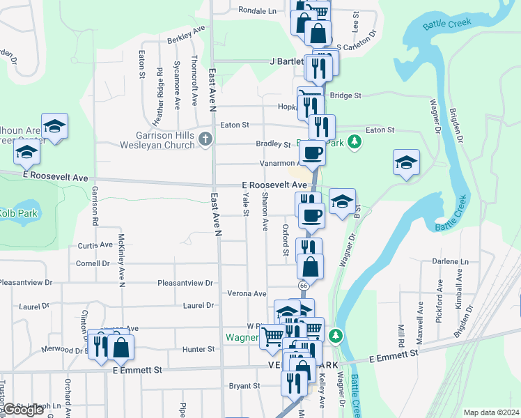 map of restaurants, bars, coffee shops, grocery stores, and more near 149 Sharon Avenue in Battle Creek