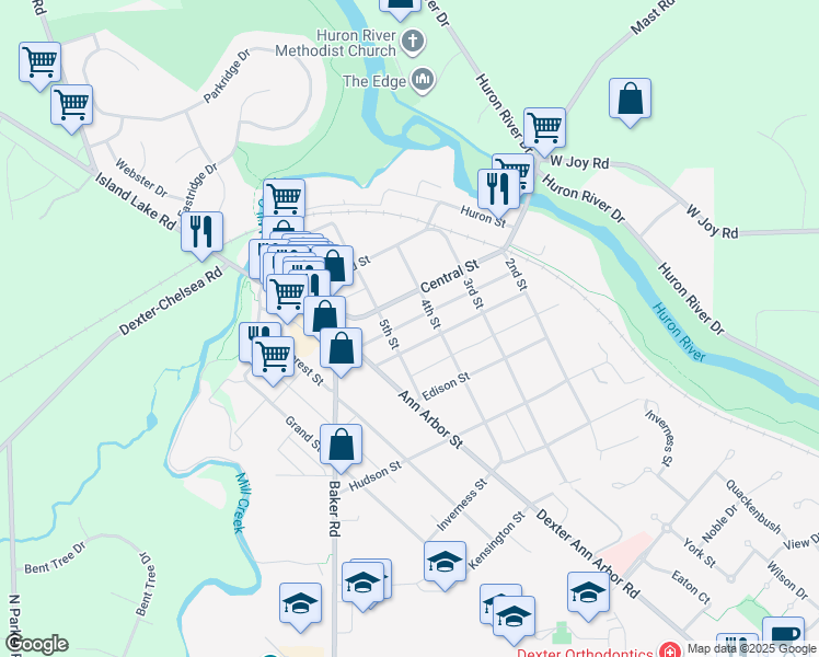 map of restaurants, bars, coffee shops, grocery stores, and more near 7936 5th St in Dexter