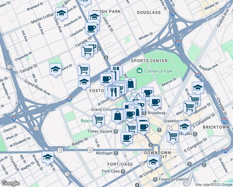 map of restaurants, bars, coffee shops, grocery stores, and more near 26 West Elizabeth Street in Detroit