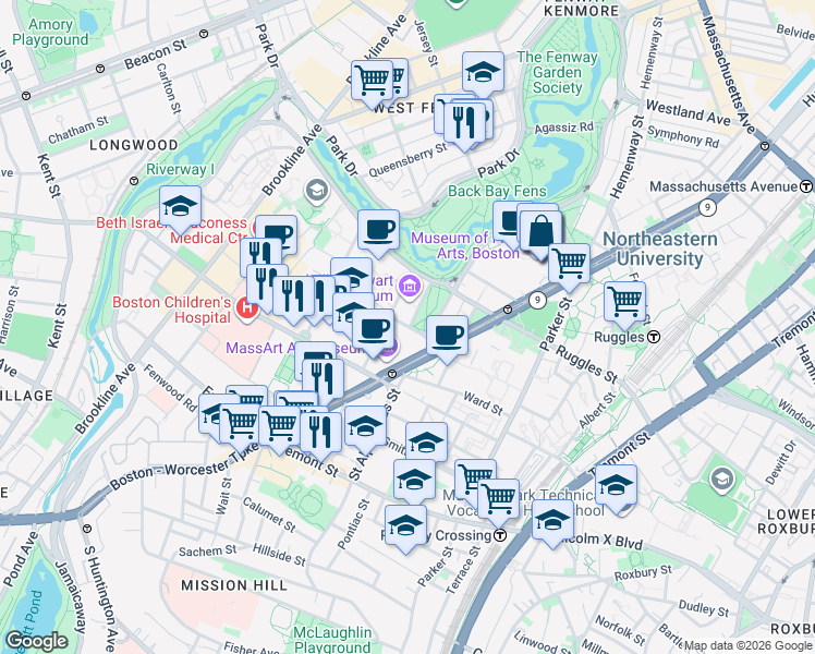 map of restaurants, bars, coffee shops, grocery stores, and more near 621 Huntington Avenue in Boston