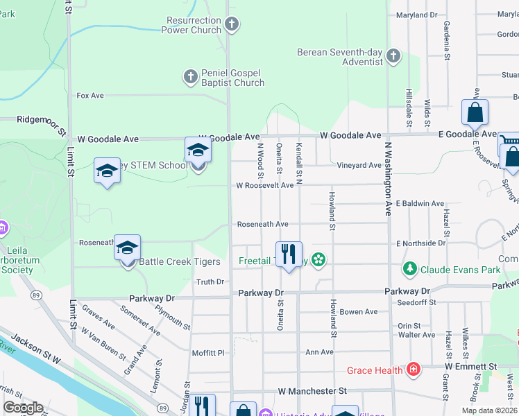 map of restaurants, bars, coffee shops, grocery stores, and more near 333 North Wood Street in Battle Creek