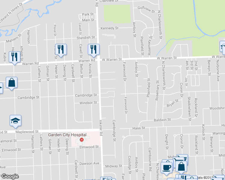 map of restaurants, bars, coffee shops, grocery stores, and more near 23 Hickory Court in Dearborn Heights