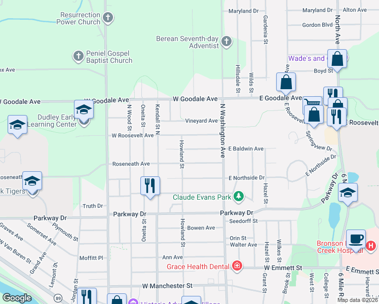 map of restaurants, bars, coffee shops, grocery stores, and more near 47 West Baldwin Avenue in Battle Creek