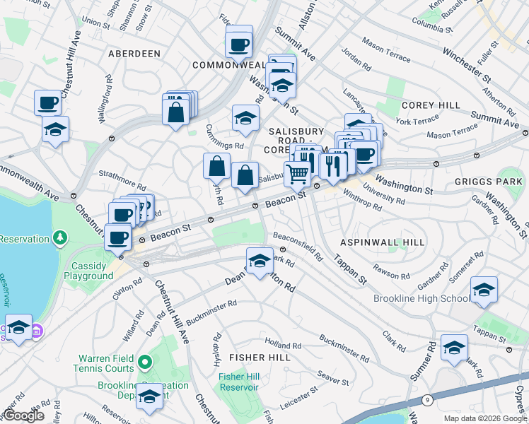 map of restaurants, bars, coffee shops, grocery stores, and more near 1763 Beacon Street in Brookline