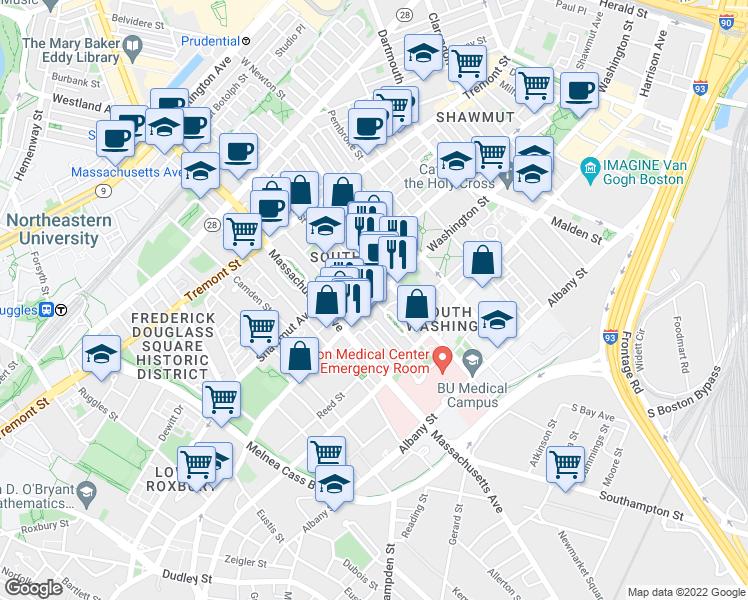 map of restaurants, bars, coffee shops, grocery stores, and more near Washington St & Worcester Square in Boston