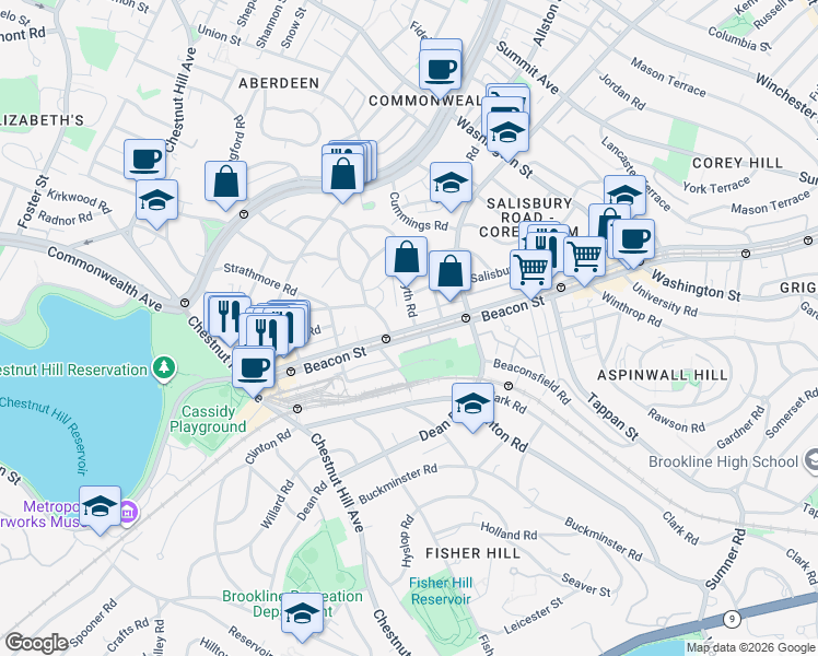 map of restaurants, bars, coffee shops, grocery stores, and more near None in Brookline