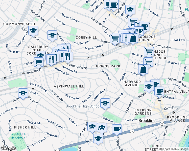 map of restaurants, bars, coffee shops, grocery stores, and more near 135 University Road in Brookline