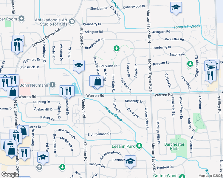 map of restaurants, bars, coffee shops, grocery stores, and more near 7249 Irongate Road in Wayne County