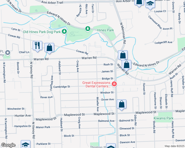 map of restaurants, bars, coffee shops, grocery stores, and more near 31741 James Street in Garden City