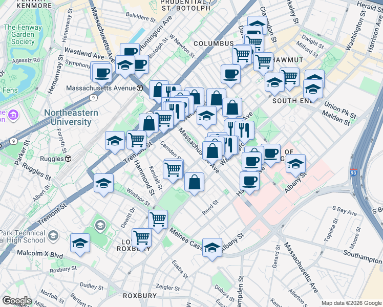 map of restaurants, bars, coffee shops, grocery stores, and more near 181 Northampton Street in Boston