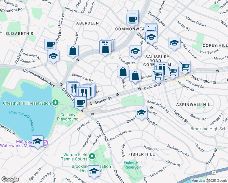 map of restaurants, bars, coffee shops, grocery stores, and more near 6 Reservoir Court in Brookline