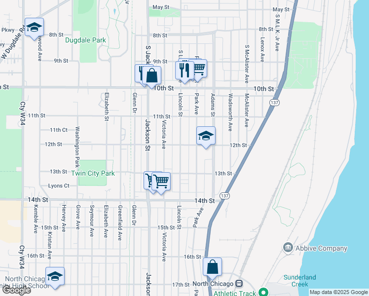 map of restaurants, bars, coffee shops, grocery stores, and more near 821 12th Street in North Chicago