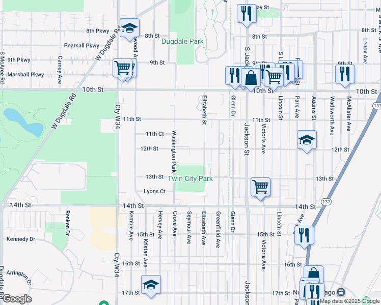 map of restaurants, bars, coffee shops, grocery stores, and more near 1425 12th Street in Waukegan