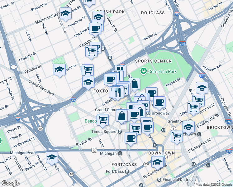 map of restaurants, bars, coffee shops, grocery stores, and more near 2110 Park Avenue in Detroit