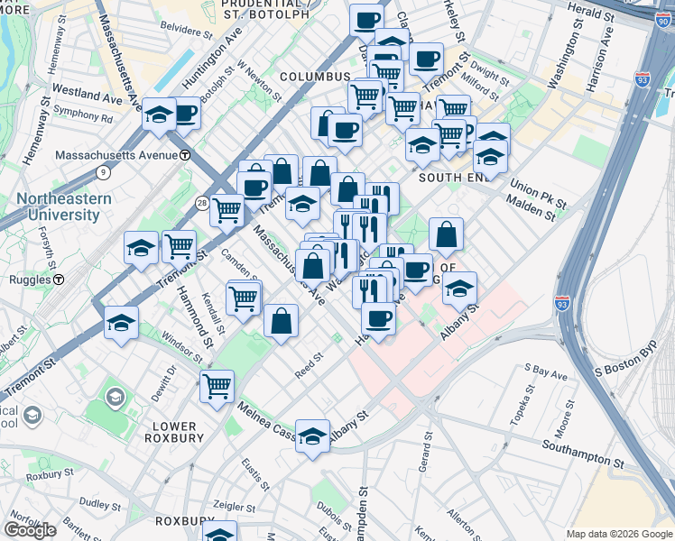 map of restaurants, bars, coffee shops, grocery stores, and more near 1701 Washington Street in Boston
