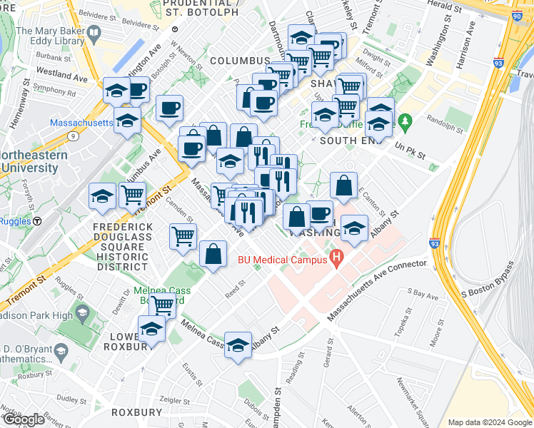 map of restaurants, bars, coffee shops, grocery stores, and more near Washington Street & Worcester Street in Boston