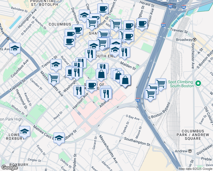 map of restaurants, bars, coffee shops, grocery stores, and more near 83 East Brookline Street in Boston