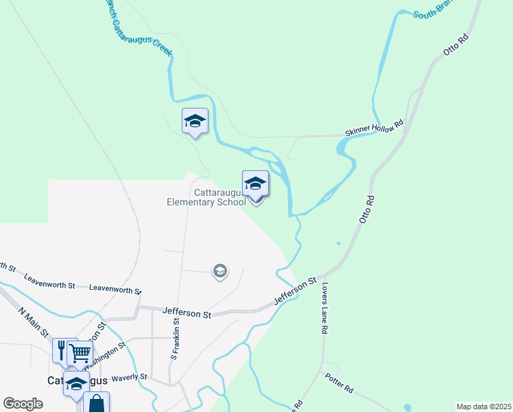 map of restaurants, bars, coffee shops, grocery stores, and more near 25 North Franklin Street in Cattaraugus