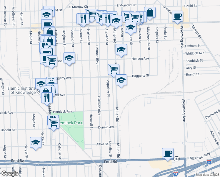 map of restaurants, bars, coffee shops, grocery stores, and more near 6416 Appoline Street in Dearborn