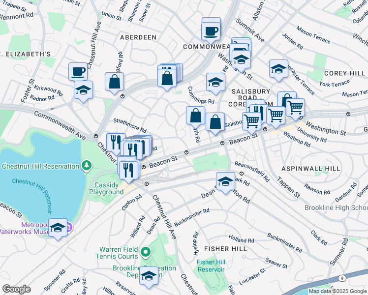 map of restaurants, bars, coffee shops, grocery stores, and more near in Brookline