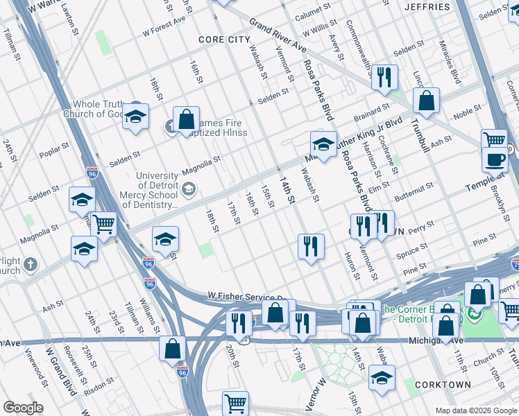 map of restaurants, bars, coffee shops, grocery stores, and more near 3330 16th Street in Detroit