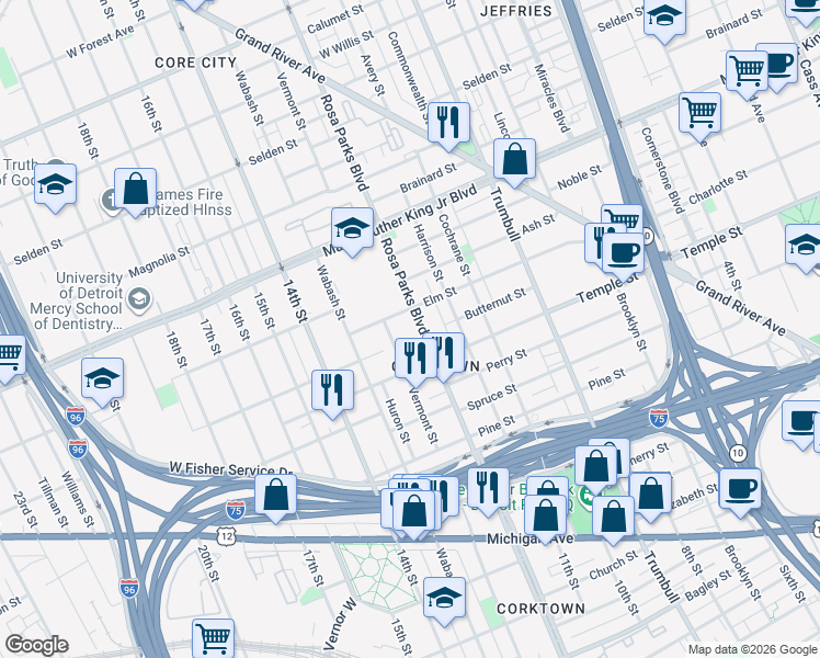map of restaurants, bars, coffee shops, grocery stores, and more near 2983 Rosa Parks Boulevard in Detroit