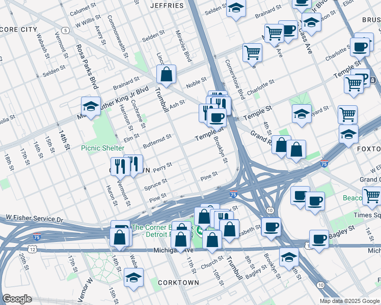 map of restaurants, bars, coffee shops, grocery stores, and more near 2810 Trumbull in Detroit