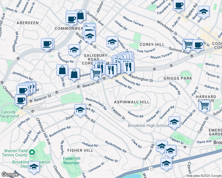 map of restaurants, bars, coffee shops, grocery stores, and more near 38 Garrison Road in Brookline