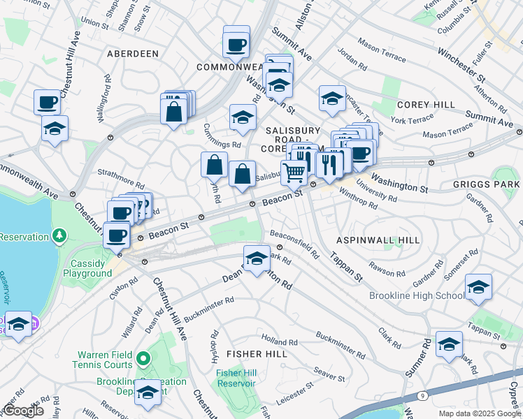 map of restaurants, bars, coffee shops, grocery stores, and more near 1763 Beacon Street in Brookline