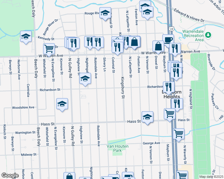 map of restaurants, bars, coffee shops, grocery stores, and more near 6643 Colonial Street in Dearborn Heights