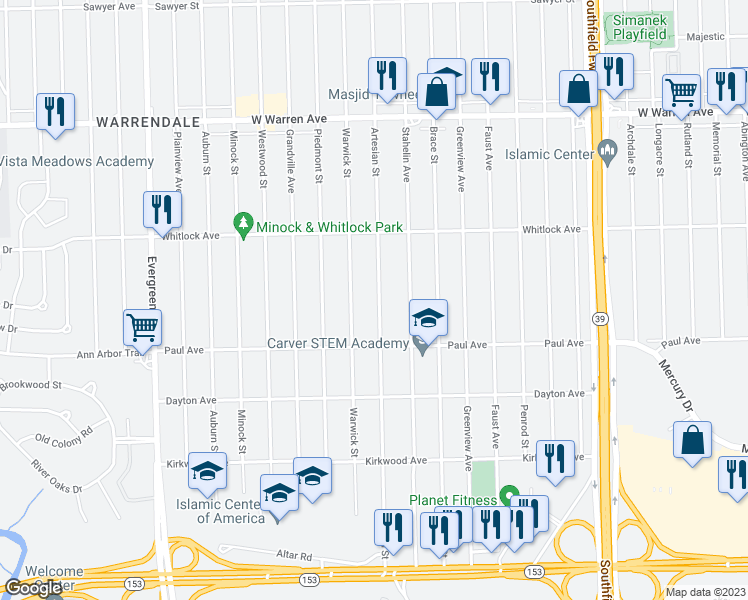 map of restaurants, bars, coffee shops, grocery stores, and more near 6403 Artesian Street in Detroit