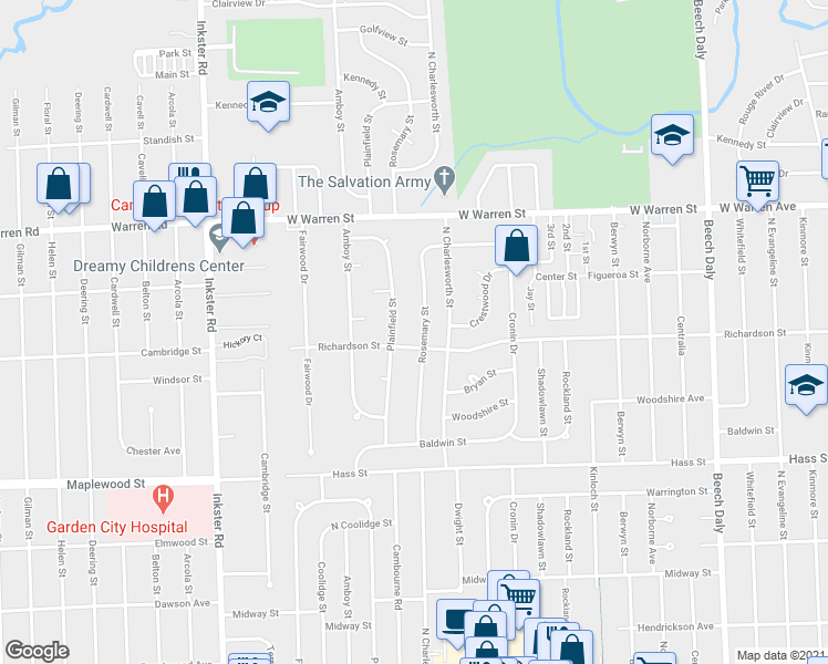 map of restaurants, bars, coffee shops, grocery stores, and more near 6831 Rosemary St in Dearborn Heights