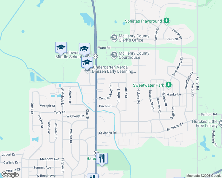 map of restaurants, bars, coffee shops, grocery stores, and more near 1965 Sheila Street in Woodstock